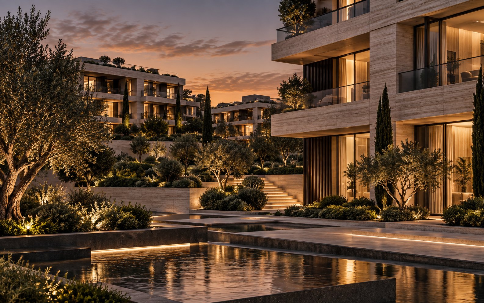 Arquitetura residencial conceitual em pedra com jardins ao entardecer